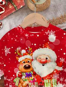 SHEIN Bộ quần áo nỉ dài tay cổ tròn dày mềm mại họa tiết Giáng sinh vui nhộn và dễ thương cho bé gái, hình tuần lộc, ông già Noel, bông tuyết ombre, màu đỏ Giáng sinh, thích hợp cho mùa thu/đông Giáng sinh - Nhiều màu - Xem 4