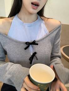DAZY Sweater Rajut 2 in 1 Kasual Longgar Elegan dengan Hiasan Pita untuk Wanita, Musim Gugur/Dingin - Grey - View 5