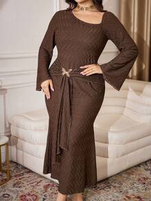 Modelyn Autumn/Winter Asymmetric Collar Butterfly Decor Button Sexy Cold-Shoulder Elegant Long Sleeve Plus Size Dress, Brown - Brown - View 4