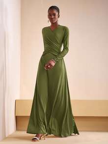 Zivah 2025 初秋夏季新款日常约会通勤商务女士优雅沙滩游轮派对简约流行生日派对高端交叉露背长袖针织拼接缎面亮面面料女士修身长裙-A - 軍綠色 - 查看 3