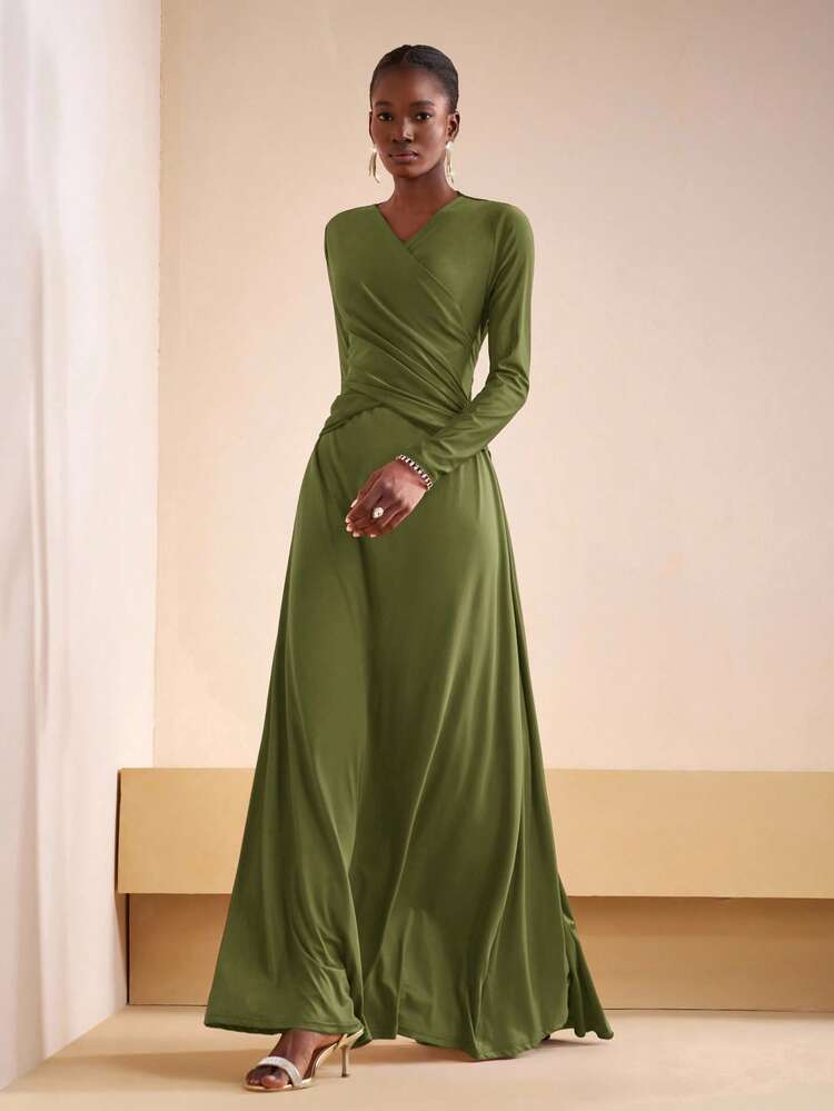 Zivah 2025 初秋夏季新款日常约会通勤商务女士优雅沙滩游轮派对简约流行生日派对高端交叉露背长袖针织拼接缎面亮面面料女士修身长裙-A - 軍綠色 - 查看 3