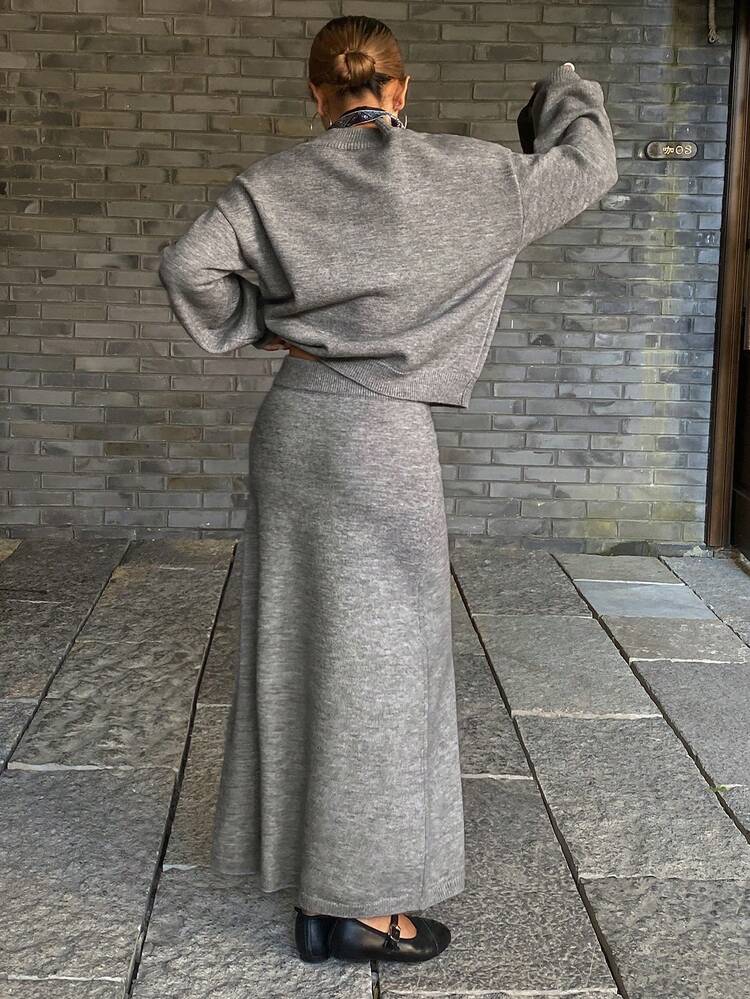 Women's Elegant Ribbon Tie Knit Sweater & Skirt 2 Pieces Set, Autumn