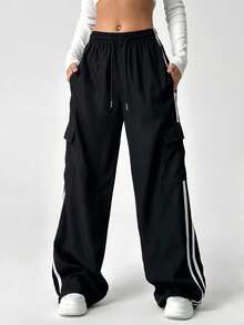 SHEIN EZwear 大码女式街头风格侧条纹抽绳工装裤 - 黑色 - 查看 4