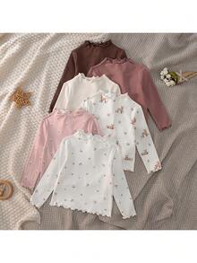 Loomiva 6pcs Baby Girl Floral Print Soft Knit Crew Neck Long Sleeve Ruffle Hem Tops Set - Multicolor - View 3