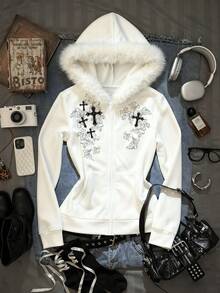 SHEIN EZwear Gray Gothic Style Women Rhinestone & Faux Fur Hooded Sweatshirt, Zip-Up Sweatshirt, Gray Sweatshirt, Women Sweatshirt, B2 - Multicolor - View 4