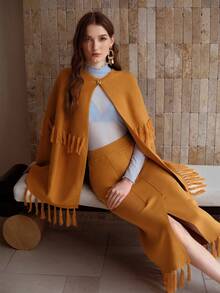 MOTF PREMIUM FRINGED SHAWL CAPE CARDIGAN - Mustard Yellow - View 2