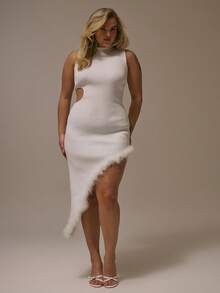 MUSERA Plus Size White Ribbed High Neck Sleeveless Cut Out Waist Asymmetric Hem Fur Trim Dress,Autumn Elegant Silky Festa Winter Night Out Party NYE - White - View 4