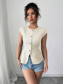 Selianne Women's Round Neck Cap Sleeve Fitted Vest Shirt - Apricot - View 6