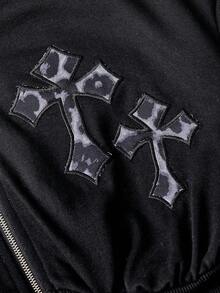 ROMWE Goth 女款 Kpop 复古 Y2K 修身二合一豹纹十字刺绣卫衣 - 黑色 - 查看 3