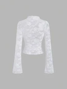 Sweetra 女士复古性感蕾丝透视喇叭袖修身衬衫，舒适百搭，适合春秋季派对和休闲穿着。 - 白色 - 查看 2