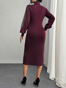 SHEIN Clasi Đầm Maxi Tay Dài Cổ Tròn Phối Lưới Trang Trí Bong Bóng Thanh Lịch Cho Nữ - Màu hồng gỉ - Xem 2