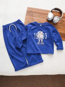 Genkimix Kids Genkimix 儿童卡通印花宽松圆领T恤和裤子两件套休闲运动服套装，适合年轻女孩，春、夏、秋、冬四季穿着。 - 藍色 - 查看 1