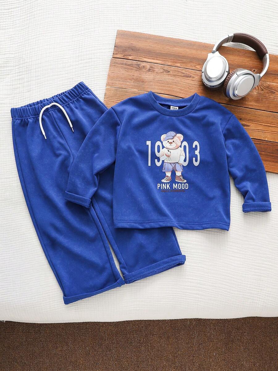 Genkimix Kids Genkimix 儿童卡通印花宽松圆领T恤和裤子两件套休闲运动服套装,适合年轻女孩,春、夏、秋、冬四季穿着。 - 藍色 - 查看 1