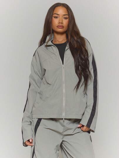 MUSERA 侧边拉链条纹超大款运动外套，冬季街头风，酷炫夜生活日常性感