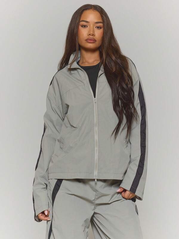 MUSERA 侧边拉链条纹超大款运动外套，冬季街头风，酷炫夜生活日常性感