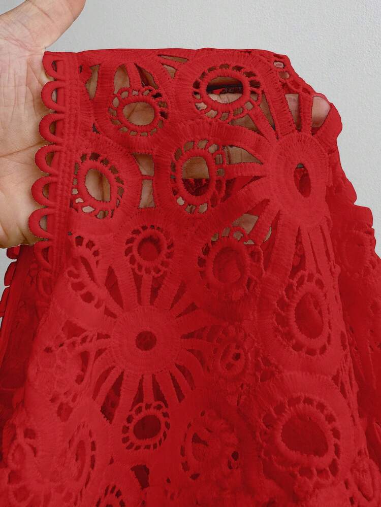 Valentine This Elegant Red, Sexy Lace Floral Plus-Size Blouse Is Perfect For Spring, Autumn, New Year, And Christmas. Ideal For Holiday Wear, Summer, Parties - Red - View 7