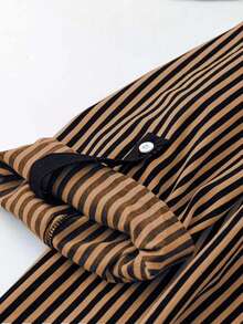 SHEIN LUNE 大码女式条纹卷袖纽扣设计休闲宽松衬衫 - 摩卡棕 - 查看 4