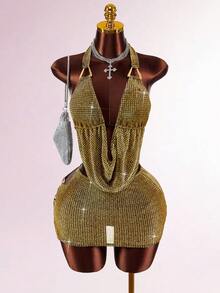 Y2K Amplova Women's Plunging Neck Glitter Halter Top And Bodycon Mini Skirt Sexy Fashion 2-Piece Set Autumn/Winter Thanksgiving And New Year Gold Clothes Sexy Club Outfits Women,Party Dresses For Women - Multicolor - View 3