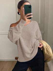 Livesso 秋冬新款宽松休闲不对称肩部设计女式毛衣 - 卡其色 - 查看 2