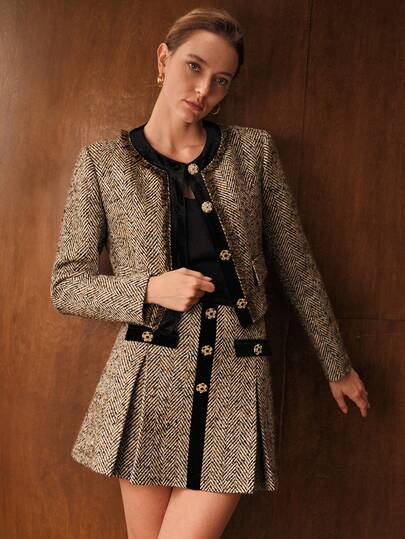 MOTF PREMIUM Chân váy ngắn xếp ly vải Tweed & nhung, Thu/Đông