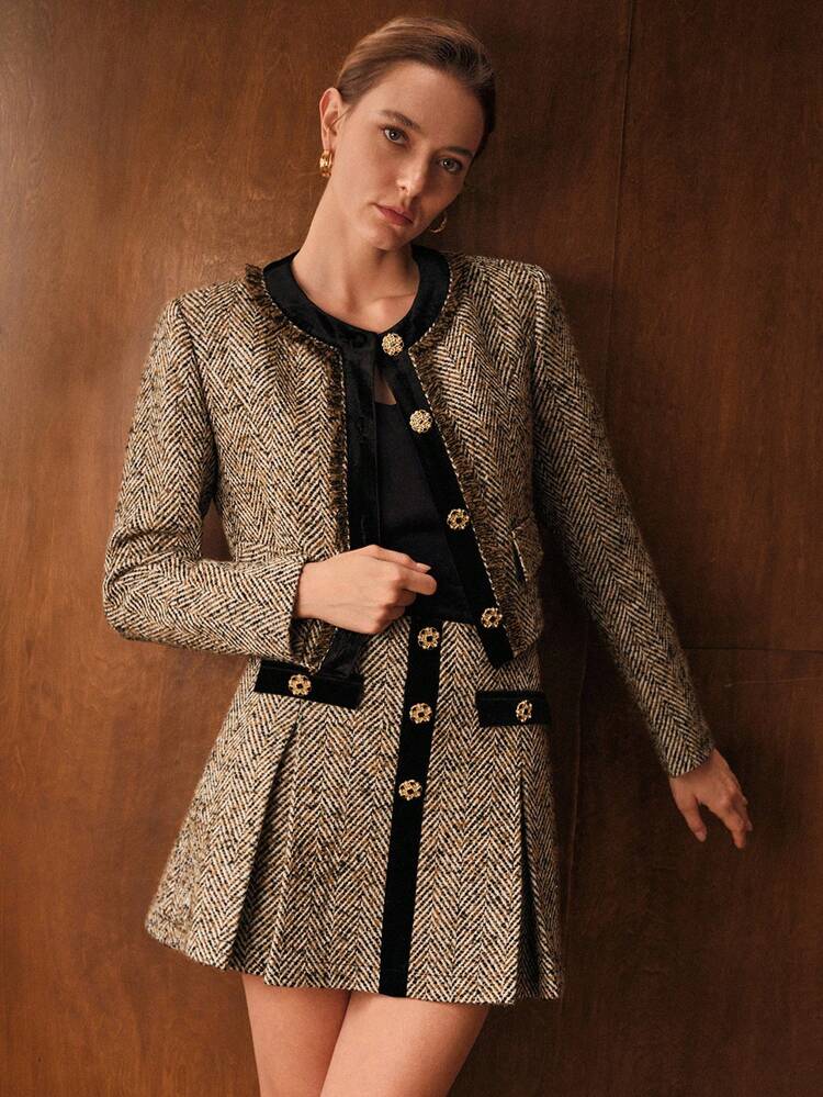 TWEED & VELVET PATCHWORK PLEATED MINI SKIRT, AUTUMN/WINTER