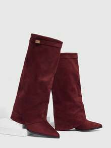Daringsoles Giày bốt cao cổ mũi nhọn, đế dày, chất liệu da lộn, có tua rua, dáng ôm, dành cho nữ - Màu Đỏ Sâu - Xem 7