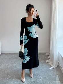 Elenzga Square Neck Jacquard Knit Bodycon Waist Sweater Dress - Baby Blue - View 3