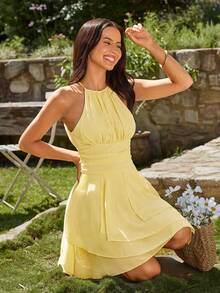 KARISMINA Women's Solid Color Ruched Hem Halter Neck Casual Dress Summer Dresses For Women,Butter Yellow Dress - Yellow - View 6