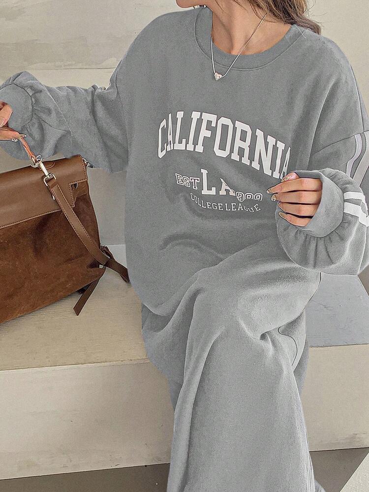 Women's Solid Color Fleece Casual Loose Long Sleeve Printed Mid-Length Dress
