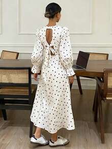 Serisse Women's Polka Dot Print Round Neck Long Sleeve Elegant Dress Winter New Year Party White