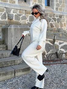 Jeta Ari 2pcs Elderly Women Casual Comfortable Loose Knit Sweater And High Waist Elastic Pants Set, Autumn/Winter, Fall And Winter, Casual, White, Longsleeve,Women's Fall Clothes - Apricot - View 4