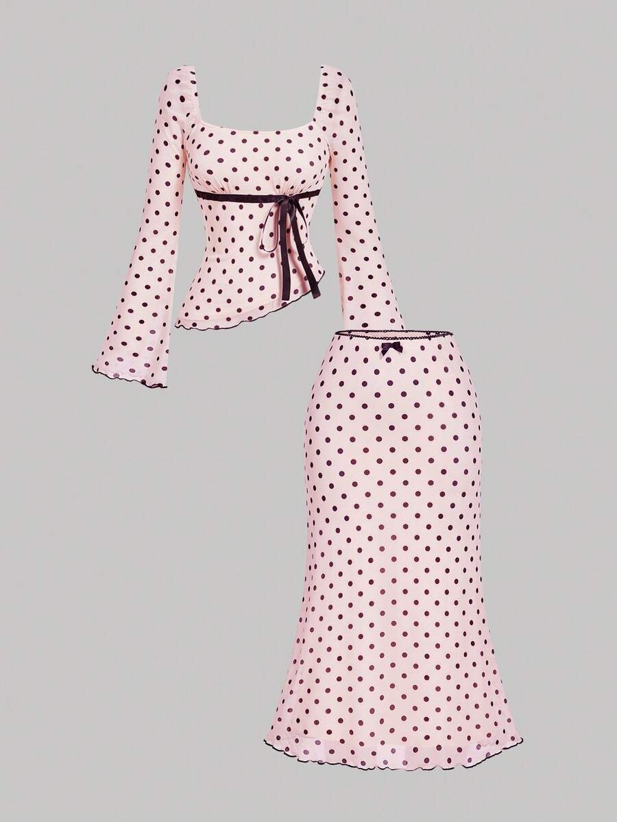 SHEIN MOD 女士粉色波点不对称下摆蝴蝶结上衣和鱼尾裙优雅套装 - 粉色 - 查看 1
