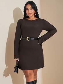 SHEIN Tall CURVE 1 件女士休闲纯色优雅喇叭袖连衣裙，春夏 - 棕色 - 查看 6