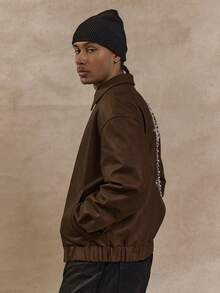 Musero Oversized PU Leather Bomber Jacket Detailed Pearl Style Back Artwork Zip Through Hidden Placket Jacket SPRING SUMMER - Brown - View 3