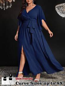 SHEIN CURVE+ 大码女式纯色修身V领喇叭袖系带腰部褶饰开衩优雅派对连衣裙 - 藏蓝色 - 查看 3