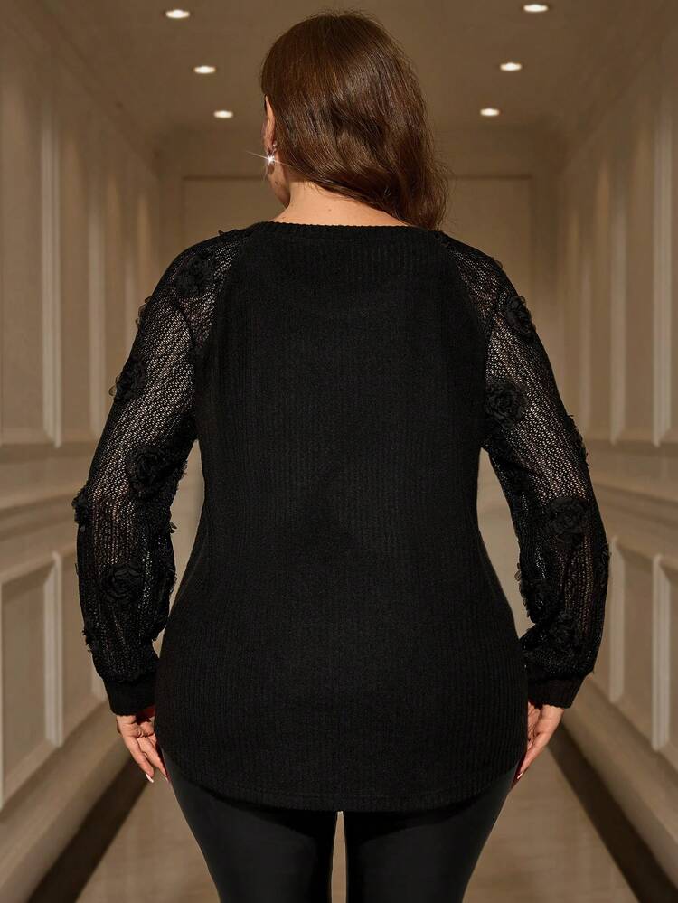 Plus Size Black Elegant Commuter Floral Decor Patchwork T-Shirt New Year For New Year Plus Size Black Tops Christmas Elegant Women Winter For Women Cozy Fall And Winter For Women Going Out,2025 New,Simple And Fashionable For Everyday Wear, Plus Size Winter, Christmas For Women, New Year,Date Night Black Mesh Top Long Sleeve Black Top