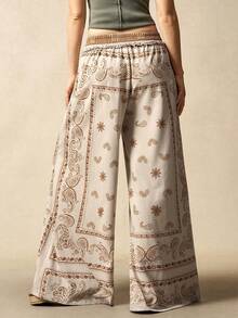 Bohemela BOHO Casual Vacation Nomadic Style Paisley Knit Print Loose Wide Leg Women Sweatpants, Autumn/Winter - Khaki - View 7