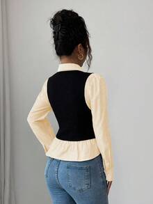 SHEIN Elenzya Áo thun nữ 2 trong 1 kẻ sọc chắp vá cài nút phía trước, mùa thu - Màu vàng - Xem 2