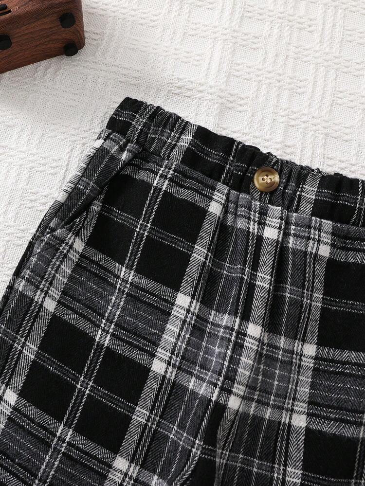 Baby Boy Elastic Waist Brown Plaid Pants, Versatile & Comfortable - Black - View 3