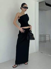 DAZY Áo thun trơn màu trơn vai chéo thường ngày mùa hè dành cho nữ - màu đen - Xem 2