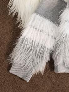 Elladie kids 2 件套女童条纹撞色针织毛衣和荷叶边下摆裤套装，舒适休闲装，适合秋冬 - 灰色 - 查看 4