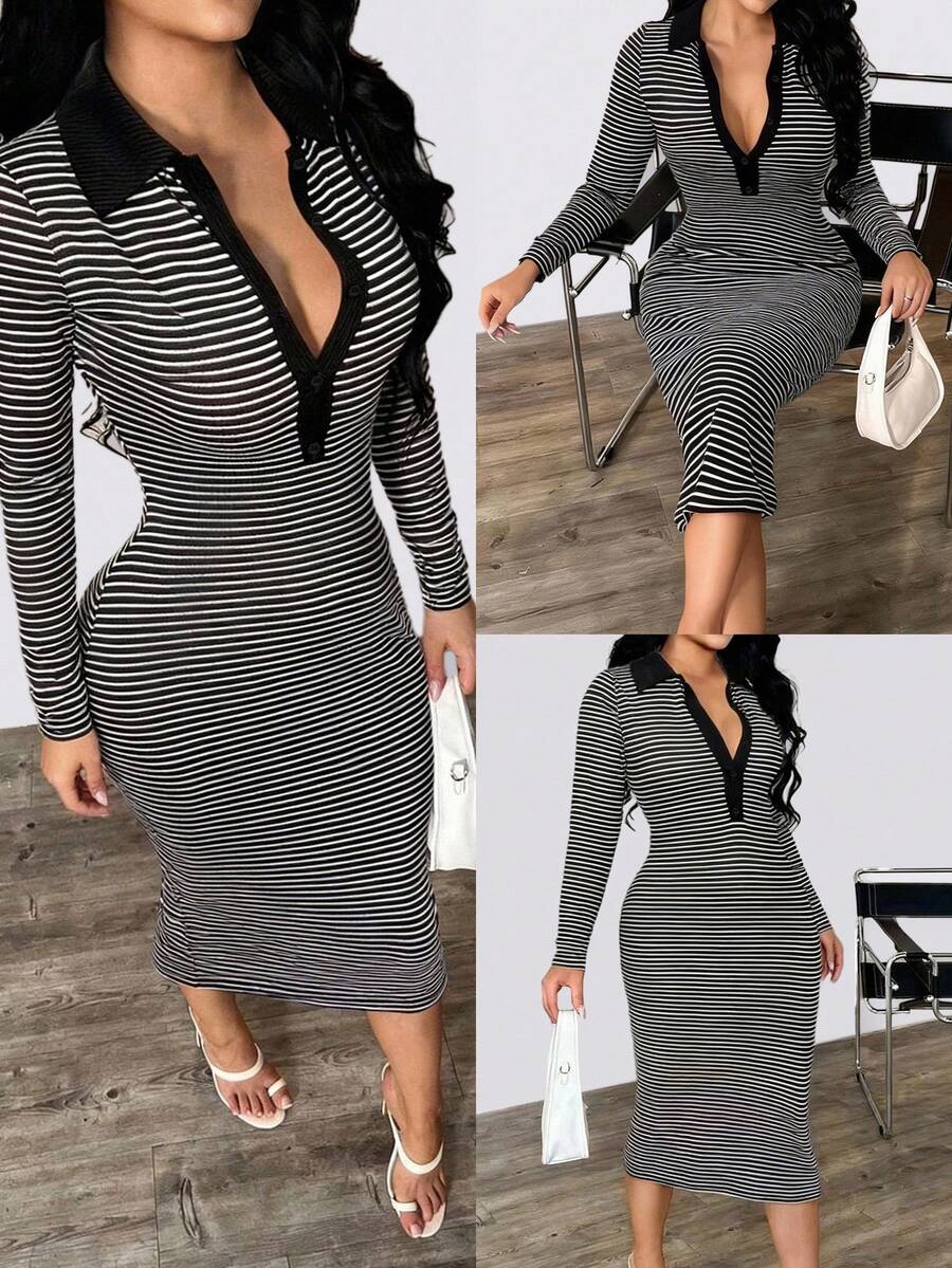 INAWLY 女式休闲条纹修身连衣裙，秋季 - 黑色 - 查看 1
