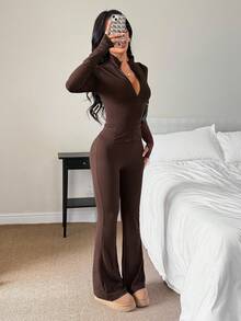 SHEIN PETITE 女士休闲纯色长袖上衣和喇叭裤套装，骑马图案印花，春夏款 - 棕色 - 查看 4