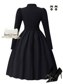 Tween Girl Elegant Pearl Embellished Puff Sleeve Dress - Black - View 2