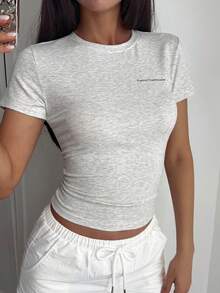 DAZY Letter Print Slim Fit Crew Neck Summer Short Sleeve Athletic T-Shirt - Grey - View 7