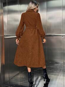 Airlisse 女士休闲纯色前扣灯笼袖连衣裙，秋季款 - 咖啡 - 查看 2