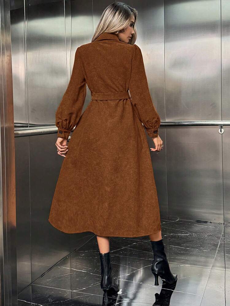 Airlisse Vestido Casual Feminino de Cor Sólida com Botões na Frente e Manga Farol, Outono - Café - Visão 2