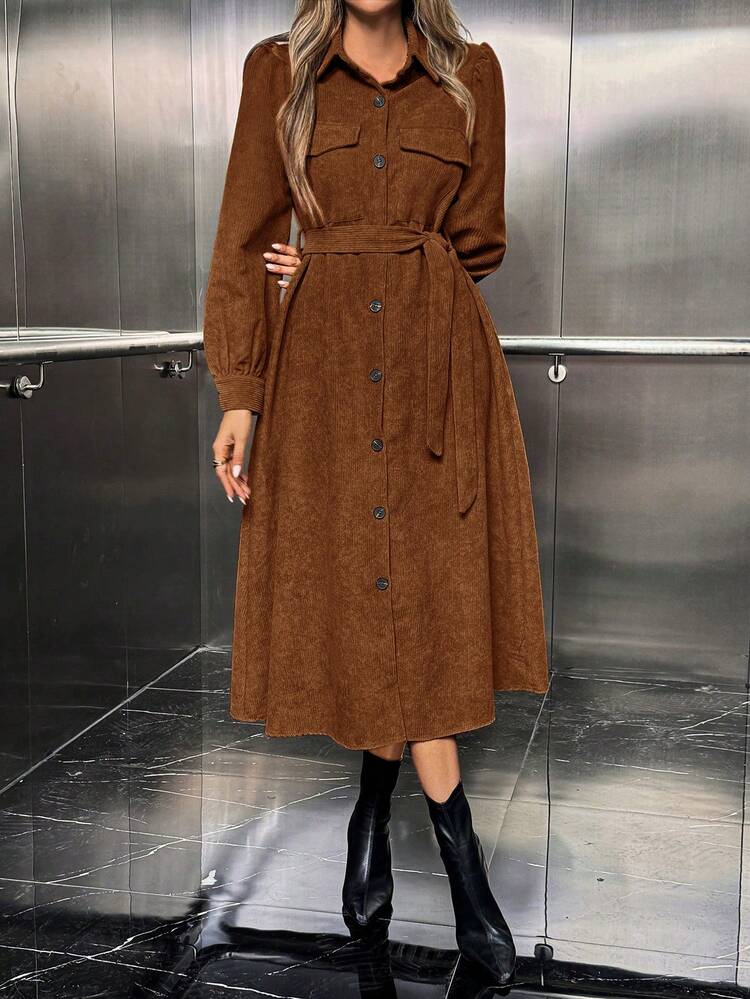 Airlisse Vestido Casual Feminino de Cor Sólida com Botões na Frente e Manga Farol, Outono - Café - Visão 3