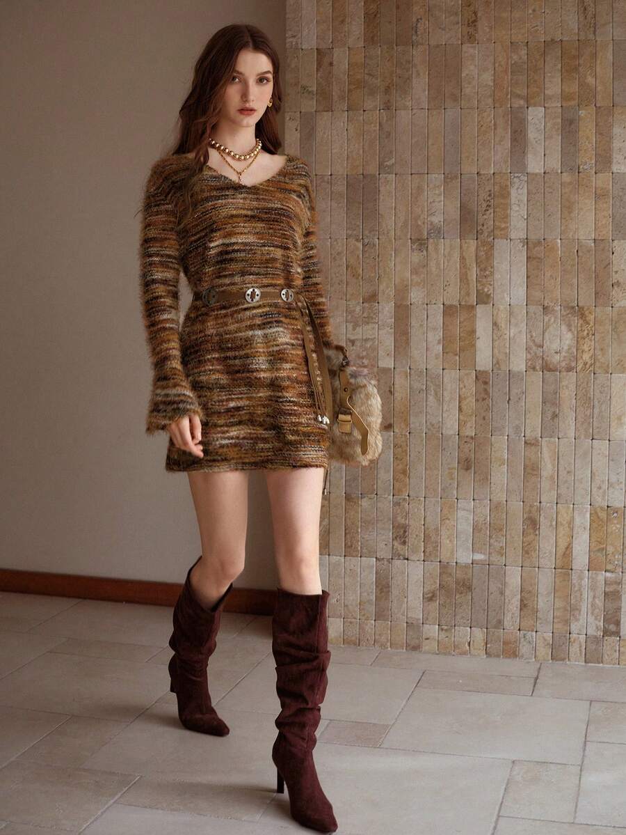 MOTF PREMIUM 太空染色V领喇叭袖蓬松针织上衣