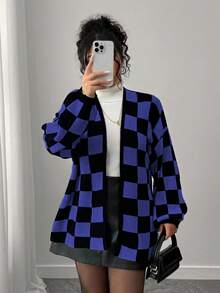 Elenzga 秋冬时尚休闲撞色棋盘格纹宽松开衫，女款，大码可选，适合外出、度假、派对等场合。 - 藍色 - 查看 7